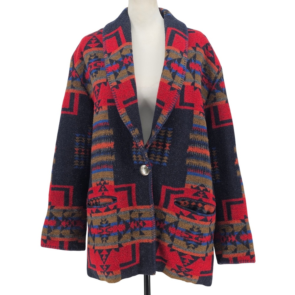 Vintage 90s Rhonda Stark Southwestern Wool Jacket L Blanket Coat Western Aztec